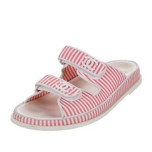 CHANEL Pink and White Striped Slides